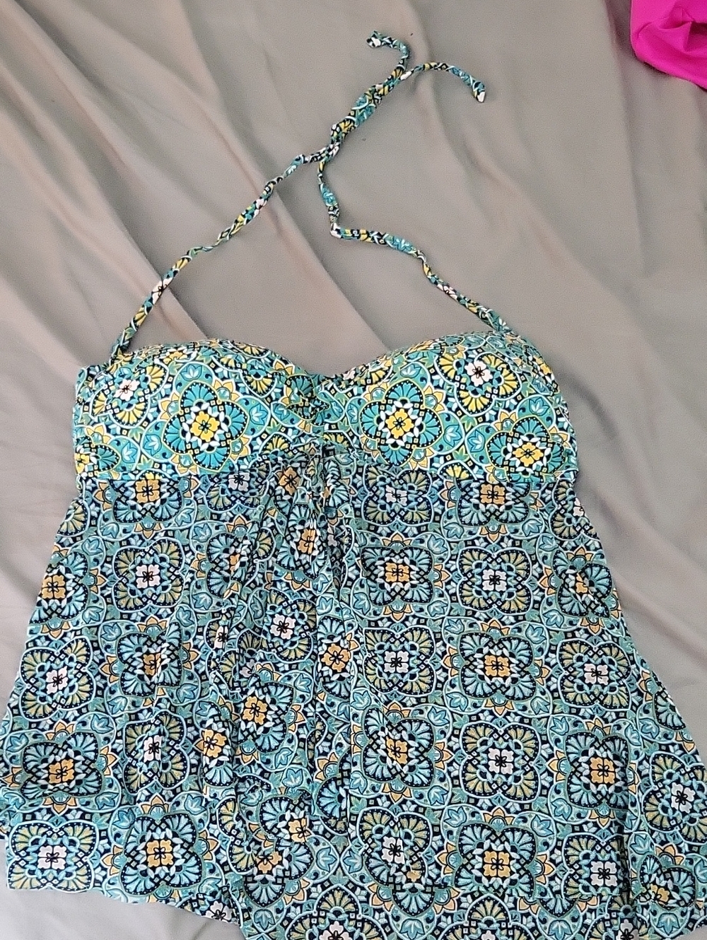 Tropical Escape Teal Tie-Strap Swim Top with Mosaic Trim
